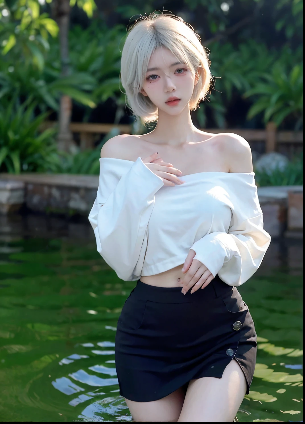 Beautiful woman with perfect figure:1.4,Ultra-high resolution,White legs,Put your hands behind your back,Swimming background,Big breasts:1.6,(Realism:1.4),perspective,Layered hairstyle,Snow white skin,JK:1.5,Super short pleated skirt,whole body:1.4,Very delicate and skin texture,Double eyelids,Skin Whitening,Long hair,White hair