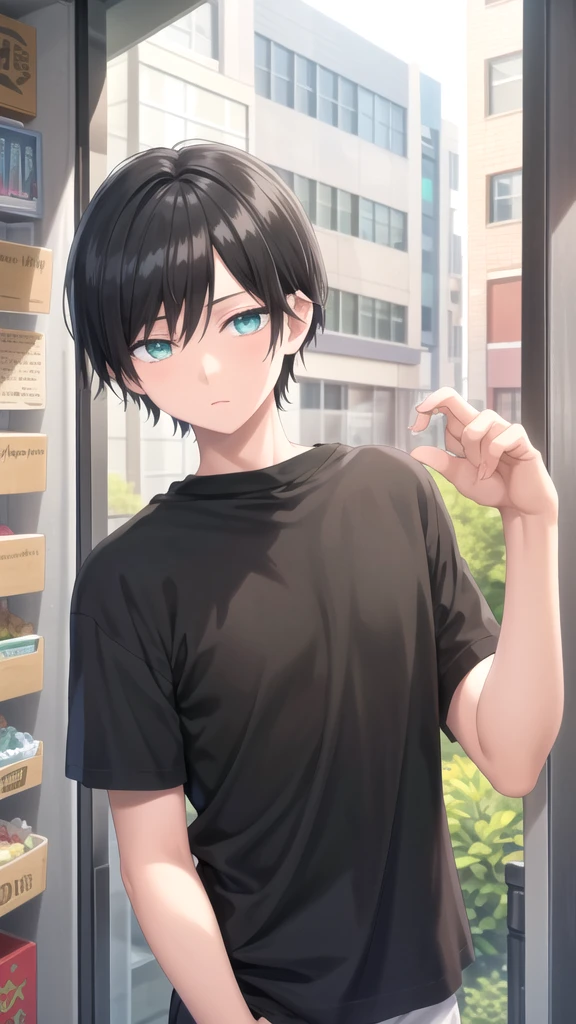 masterpiece, best quality, high quality, 1boy, solo, -yeld boale focus, looking at viewer , black hair, old-school swoop haircut,upper body , emerald eyes,