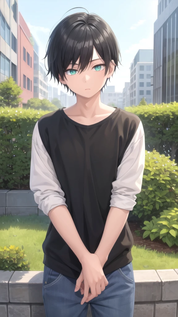 masterpiece, best quality, high quality, 1boy, solo, 14-year-old boy,male focus, looking at viewer , black hair, old-school swoop haircut,upper body , emerald eyes,