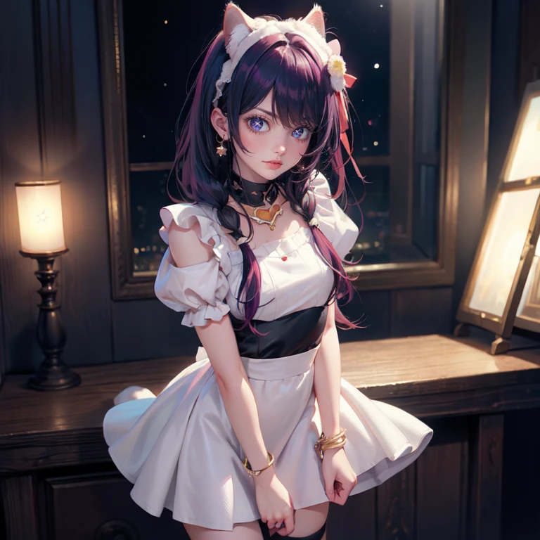 1girl, Ai Hoshino_(Oshi no Ko), centered girl, perfectly body, perfectly hands, solo, jewelry, magenta roses, rabbit jewel on her hair, ornament hair, twintails, rabbit jewel on her hair, purple hair, long hair, solo, white maid dress, jewelry, purple hair, flowing hair, long hair, maid dress with a short skirt and layers, white laces, white boots, white dress with transparency, gold details on her clothes, cat ears, animal ears, more details, perfectly body, perfectly hands, two hands, two legs, two arms, five fingers, glowing hair, best quality, cat ears, animal ears, white gloves, cat tail, alone, maid headdress, choker, detached sleeves, maid dress, maid white dress, strapless, masterpeice, best quality, detailed face, night, asymmetrical gloves, bangs, white short skirt , earrings, elbow gloves, fishnet thighhighs, fishmasterpeice, solo, best quality, detailed face, hair between eyes, jewelry, looking at viewer, single earring, sky, sleeveless, solo, thigh boots, thighhighs, tongue, tongue out, uneven gloves, cat ears, animal ears, cat tail, solo, alone, Looking at the viewer, magenta roses on her hair, space scenery, maid, maid dress, magenta details, maid headdress, maid apron, purple hair, long hair, seat on the Saturn rings, more details on her clothes, gold details on her clothes, space, smiling, standing her hand to a viewer, looking at the viewer, in the background a several asteroids glowing with fiery auras, Dramatic lighting from distant stars and planets illuminates the scene, looking at the vast and mysterious universe, cowboy shot, upper body portrait, more details, sparkle