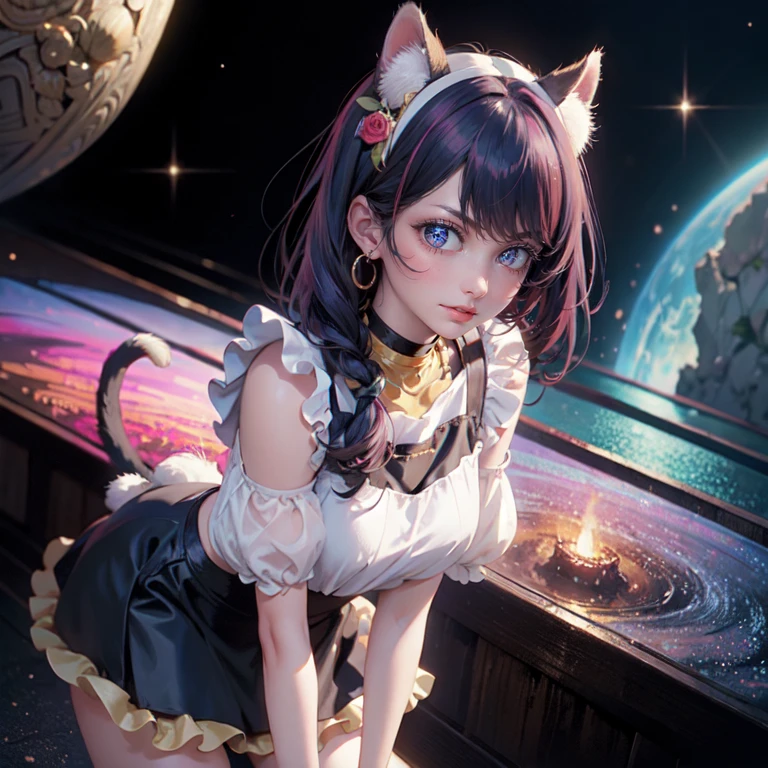 1girl, Ai Hoshino_(Oshi no Ko), centered girl, perfectly body, perfectly hands, solo, jewelry, magenta roses, rabbit jewel on her hair, ornament hair, twintails, rabbit jewel on her hair, purple hair, long hair, solo, white maid dress, jewelry, purple hair, flowing hair, long hair, maid dress with a short skirt and layers, white laces, white boots, white dress with transparency, gold details on her clothes, cat ears, animal ears,  more details, perfectly body, perfectly hands, two hands, two legs, two arms, five fingers, glowing hair, best quality, cat ears, animal ears, white gloves, cat tail, alone, maid headdress, choker, detached sleeves, maid dress, maid white dress, strapless, masterpeice, best quality, detailed face, night, asymmetrical gloves, bangs, white short skirt , earrings, elbow gloves, fishnet thighhighs, fishmasterpeice, solo, best quality, detailed face, hair between eyes, jewelry, looking at viewer, single earring, sky, sleeveless, solo, thigh boots, thighhighs, tongue, tongue out, uneven gloves, cat ears, animal ears, cat tail, solo, alone, Looking at the viewer, magenta roses on her hair, space scenery, maid, maid dress, magenta details, maid headdress, maid apron, purple hair, long hair, seat on the Saturn rings, more details on her clothes, gold details on her clothes, space, smiling, standing her hand to a viewer, looking at the viewer, in the background a several asteroids glowing with fiery auras, Dramatic lighting from distant stars and planets illuminates the scene, looking at the vast and mysterious universe, cowboy shot, upper body portrait, more details, sparkle