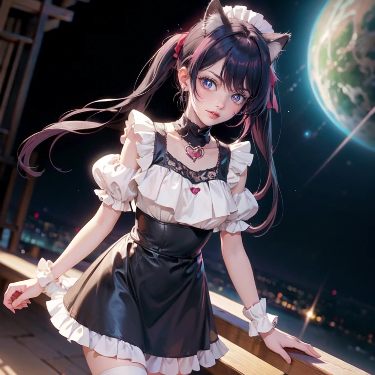 1girl, Ai Hoshino_(Oshi no Ko), centered girl, perfectly body, perfectly hands, solo, jewelry, magenta roses, rabbit jewel on her hair, ornament hair, twintails, rabbit jewel on her hair, purple hair, long hair, solo, white maid dress, jewelry, purple hair, flowing hair, long hair, maid dress with a short skirt and layers, white laces, white boots, white dress with transparency, gold details on her clothes, cat ears, animal ears,  more details, perfectly body, perfectly hands, two hands, two legs, two arms, five fingers, glowing hair, best quality, cat ears, animal ears, white gloves, cat tail, alone, maid headdress, choker, detached sleeves, maid dress, maid white dress, strapless, masterpeice, best quality, detailed face, night, asymmetrical gloves, bangs, white short skirt , earrings, elbow gloves, fishnet thighhighs, fishmasterpeice, solo, best quality, detailed face, hair between eyes, jewelry, looking at viewer, single earring, sky, sleeveless, solo, thigh boots, thighhighs, tongue, tongue out, uneven gloves, cat ears, animal ears, cat tail, solo, alone, Looking at the viewer, magenta roses on her hair, space scenery, maid, maid dress, magenta details, maid headdress, maid apron, purple hair, long hair, seat on the Saturn rings, more details on her clothes, gold details on her clothes, space, smiling, standing her hand to a viewer, looking at the viewer, in the background a several asteroids glowing with fiery auras, Dramatic lighting from distant stars and planets illuminates the scene, looking at the vast and mysterious universe, cowboy shot, upper body portrait, more details, sparkle
