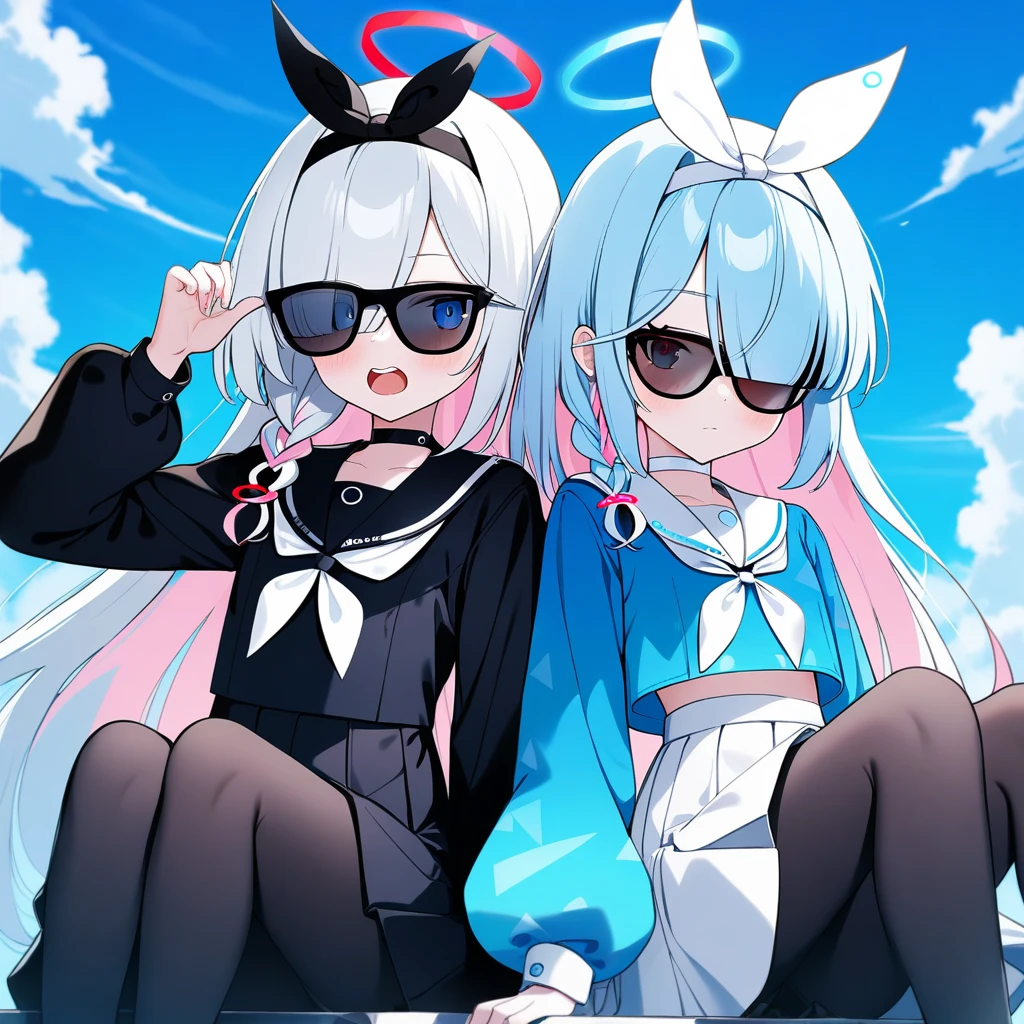 2girls sunglasses, blue archive, arona \(blue archive\) sunglasses, plana \(blue archive\) sunglasses, adjusting_eyewear, black choker, black coat, black eyes, black hairband, black pantyhose, black sailor collar, black serafuku, black shirt, black skirt, blue eyes, blue hair, blue halo, blue pupils, blue shirt, blue sky, blush, bow hairband, braid, breasts, buttoned cuffs, buttons, choker, closed mouth, cloud, coat, colored inner hair, day, film grain, hair over one eye, hair ribbon, hairband, halo, light blue hair, long hair, long sleeves, looking at viewer, miniskirt, multicolored hair, multiple girls, neckerchief, open mouth, outdoors, pantyhose, pink hair, pleated skirt, puffy long sleeves, puffy sleeves, red halo, red pupils, ribbon, sailor collar, sailor shirt, serafuku, shirt, short hair, side braid, single braid, sitting, skirt, sky, small breasts, sunglasses, teeth, thighs, two-tone hair, upper teeth only, white choker, white hair, white hairband, white neckerchief, white ribbon, white sailor collar, white skirt
