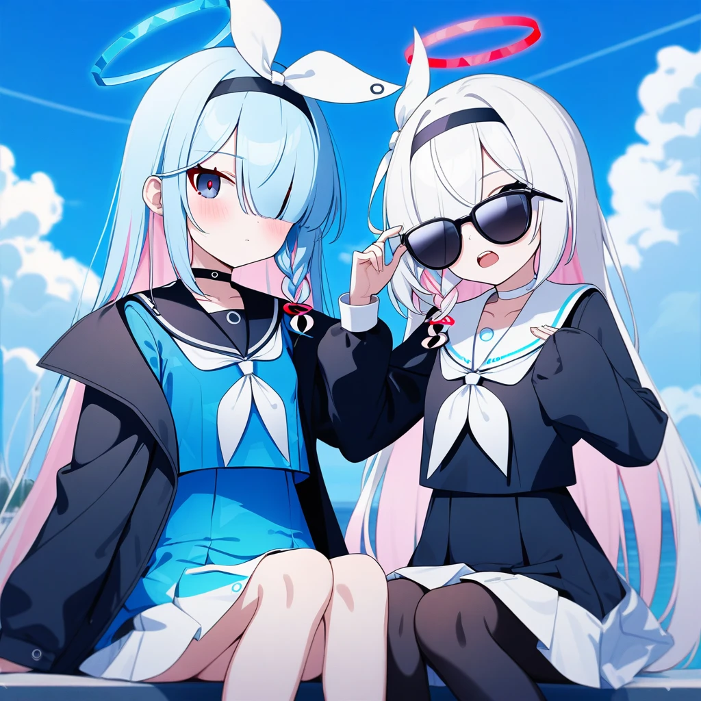 2girls sunglasses, blue archive, arona \(blue archive\) sunglasses, plana \(blue archive\) sunglasses, adjusting_eyewear, black choker, black coat, black eyes, black hairband, black pantyhose, black sailor collar, black serafuku, black shirt, black skirt, blue eyes, blue hair, blue halo, blue pupils, blue shirt, blue sky, blush, bow hairband, braid, breasts, buttoned cuffs, buttons, choker, closed mouth, cloud, coat, colored inner hair, day, film grain, hair over one eye, hair ribbon, hairband, halo, light blue hair, long hair, long sleeves, looking at viewer, miniskirt, multicolored hair, multiple girls, neckerchief, open mouth, outdoors, pantyhose, pink hair, pleated skirt, puffy long sleeves, puffy sleeves, red halo, red pupils, ribbon, sailor collar, sailor shirt, serafuku, shirt, short hair, side braid, single braid, sitting, skirt, sky, small breasts, sunglasses, teeth, thighs, two-tone hair, upper teeth only, white choker, white hair, white hairband, white neckerchief, white ribbon, white sailor collar, white skirt
