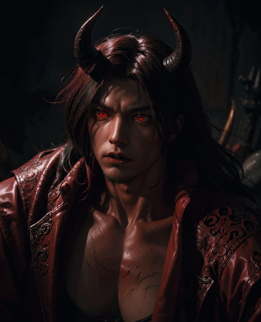 dark red Male demon, Dante's inferno, whimsical, gloomy, 1 demon, muscular body, glowing red eyes, horns, sharp teeth, claws, dark medieval background, hellfire, detailed intricate textures, chiaroscuro lighting, moody atmosphere, cinematic composition, dramatic lighting, dark fantasy, gothic, oil painting