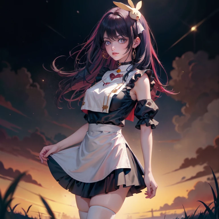 1girl, Ai Hoshino_(Oshi no Ko), centered girl, perfectly body, perfectly hands, solo, jewelry, magenta roses, rabbit jewel on her hair, ornament hair, twintails, rabbit jewel on her hair, purple hair, long hair, solo, white maid dress, jewelry, purple hair, flowing hair, long hair, maid dress with a short skirt and layers, white laces, white boots, white dress with transparency, gold details on her clothes, cat ears, animal ears, more details, perfectly body, perfectly hands, two hands, two legs, two arms, five fingers, glowing hair, best quality, cat ears, animal ears, white gloves, cat tail, alone, maid headdress, choker, detached sleeves, maid dress, maid white dress, strapless, masterpeice, best quality, detailed face, night, asymmetrical gloves, bangs, white short skirt , earrings, elbow gloves, fishnet thighhighs, fishmasterpeice, solo, best quality, detailed face, hair between eyes, jewelry, looking at viewer, single earring, sky, sleeveless, solo, thigh boots, thighhighs, tongue, tongue out, uneven gloves, cat ears, animal ears, cat tail, solo, alone, Looking at the viewer, magenta roses on her hair, space scenery, maid, maid dress, magenta details, maid headdress, maid apron, purple hair, long hair, seat on the Saturn rings, more details on her clothes, gold details on her clothes, space, smiling, standing her hand to a viewer, looking at the viewer, in the background a several asteroids glowing with fiery auras, Dramatic lighting from distant stars and planets illuminates the scene, looking at the vast and mysterious universe, cowboy shot, upper body portrait, more details, sparkle