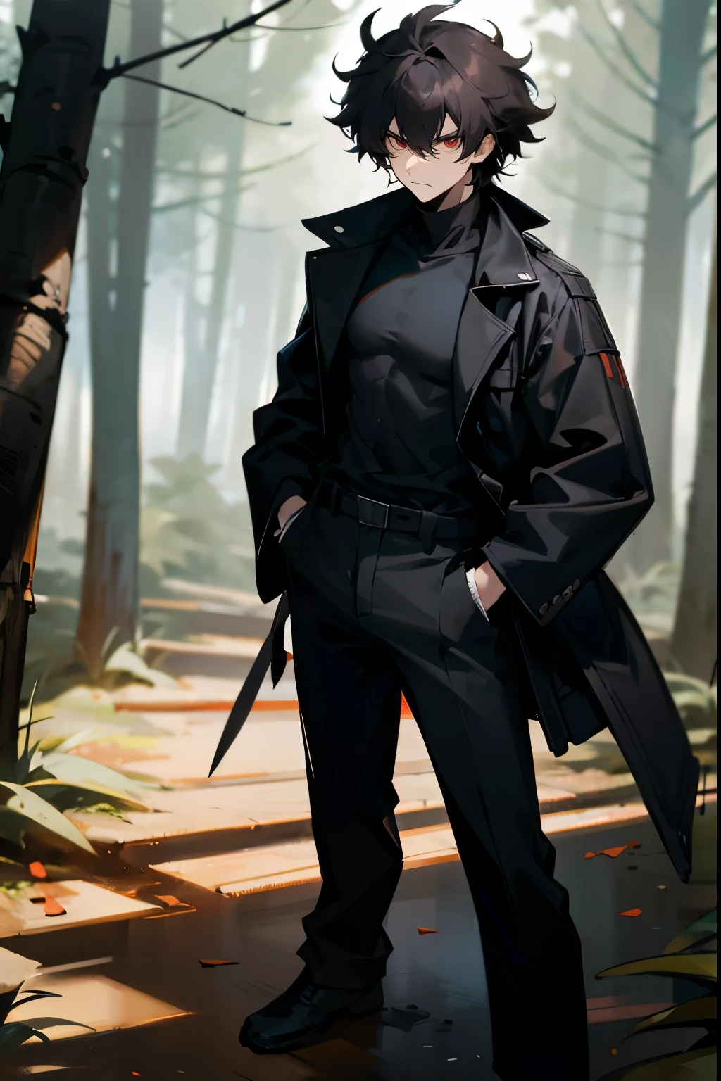 1male , Messy Hair , Medium Length Hair , Lowcut Hair , Black Fitted Clothing , Black Turtleneck Longsleeve Shirt , Jacket , Ninja Clothing , Standing on path , Forest Background , Red Eyes , Serious Expression