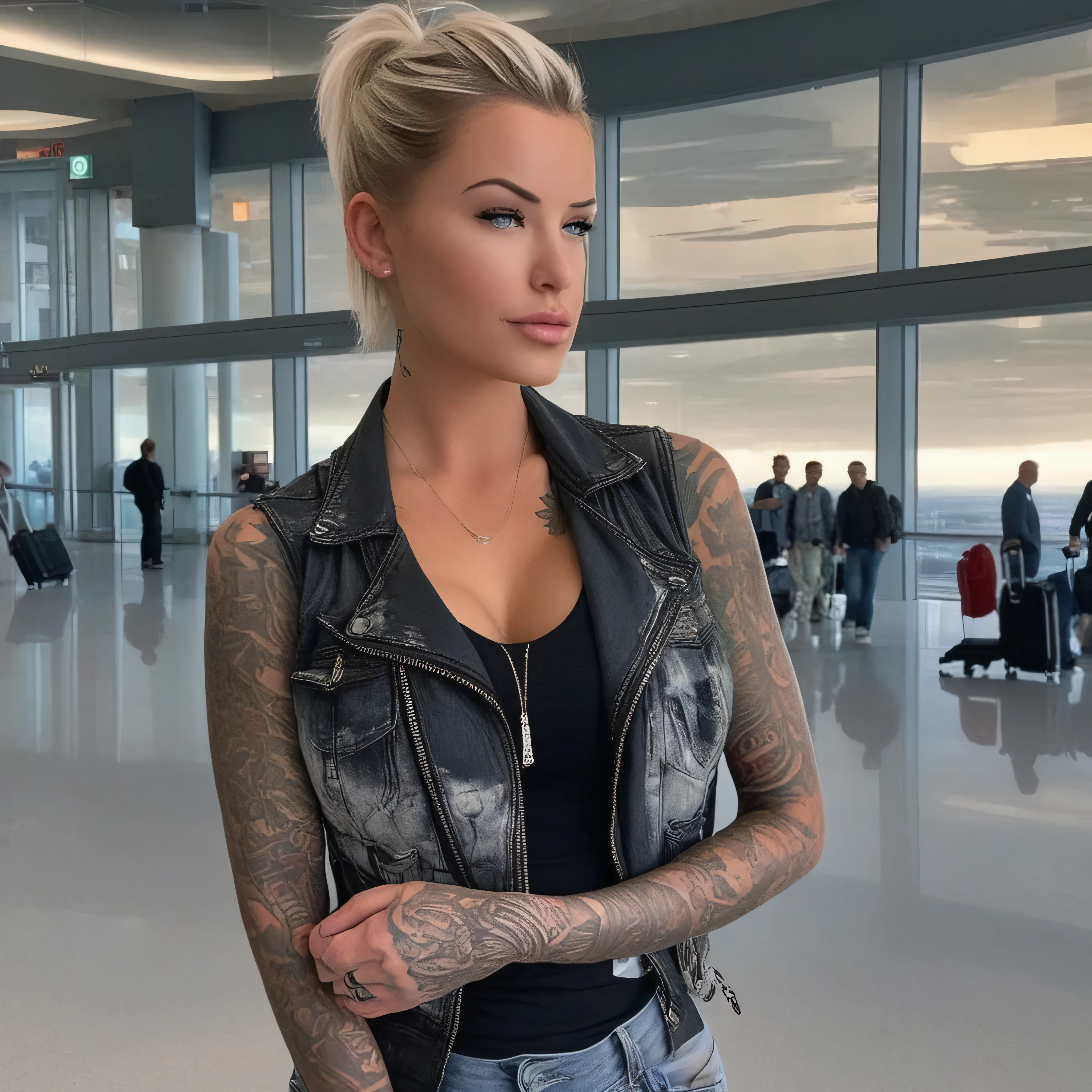 Envision a hyper-realistic image of Laurence Bedard, a renowned model known for her distinctive tattoos and her 40DD, at a bustling airport. She's captured in a full-body shot, her stylish travel attire - a chic leather jacket and skinny jeans - accentuating her natural beauty and the unique tattoos that adorn her arms. Her tattoos, a mix of intricate designs and personal symbols, are prominently displayed, each line and detail captured with precision. Her hair, a mix of platinum blonde and pastel pink, is styled casually, adding to her laid-back charm. The airport setting is detailed and dynamic, with travelers and airport staff moving in the background, planes taking off in the distance, and the intricate architecture of the airport terminal providing a striking backdrop. The image should be glossy and highly detailed, with a 16k resolution. The camera used should be a high-end DSLR, such as the Canon EOS 5D Mark IV with an EF 50mm f 1.8 STM lens, to capture Laurence and the airport in the frame. The lighting should be natural, highlighting her perfect features, the vibrant colors of her tattoos, and her 40DD. The composition should be a full-body shot, capturing Laurence and the airport in the frame. The ISO sensitivity should be set to 100 to ensure the highest image quality, with a shutter speed of 1 125 to capture the dynamic movement of the airport without any motion blur. The aperture should be set to f 8 to ensure a wide depth of field, capturing both Laurence and the airport background in sharp focus. -ar 16:9 -v 5.1 -style raw -q 2 -s 750