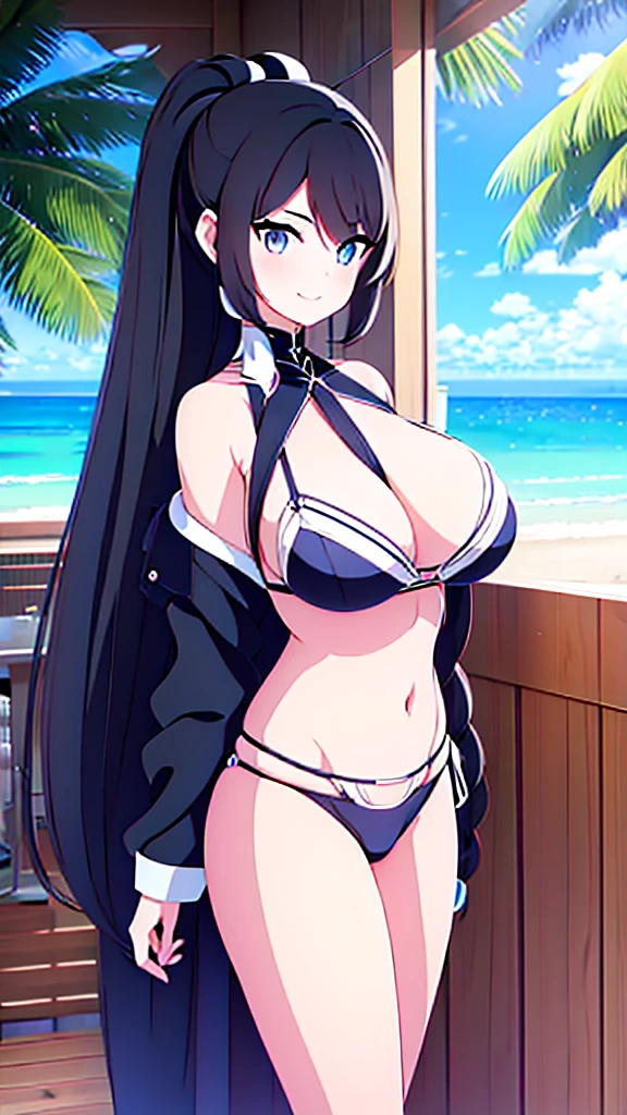 best quality,extremely detailed,anime style,1girl,Long hair down to the waist,straight hair,Dark black hair with bluish,Braid on top of the head,ponytail,beautiful detailed eyes,pinched eyes,dark blue eyes,huge breasts,smile,dynamic pose,white base swim clothing, Fluttering and mysterious clothes,hair ornament,beach,summer