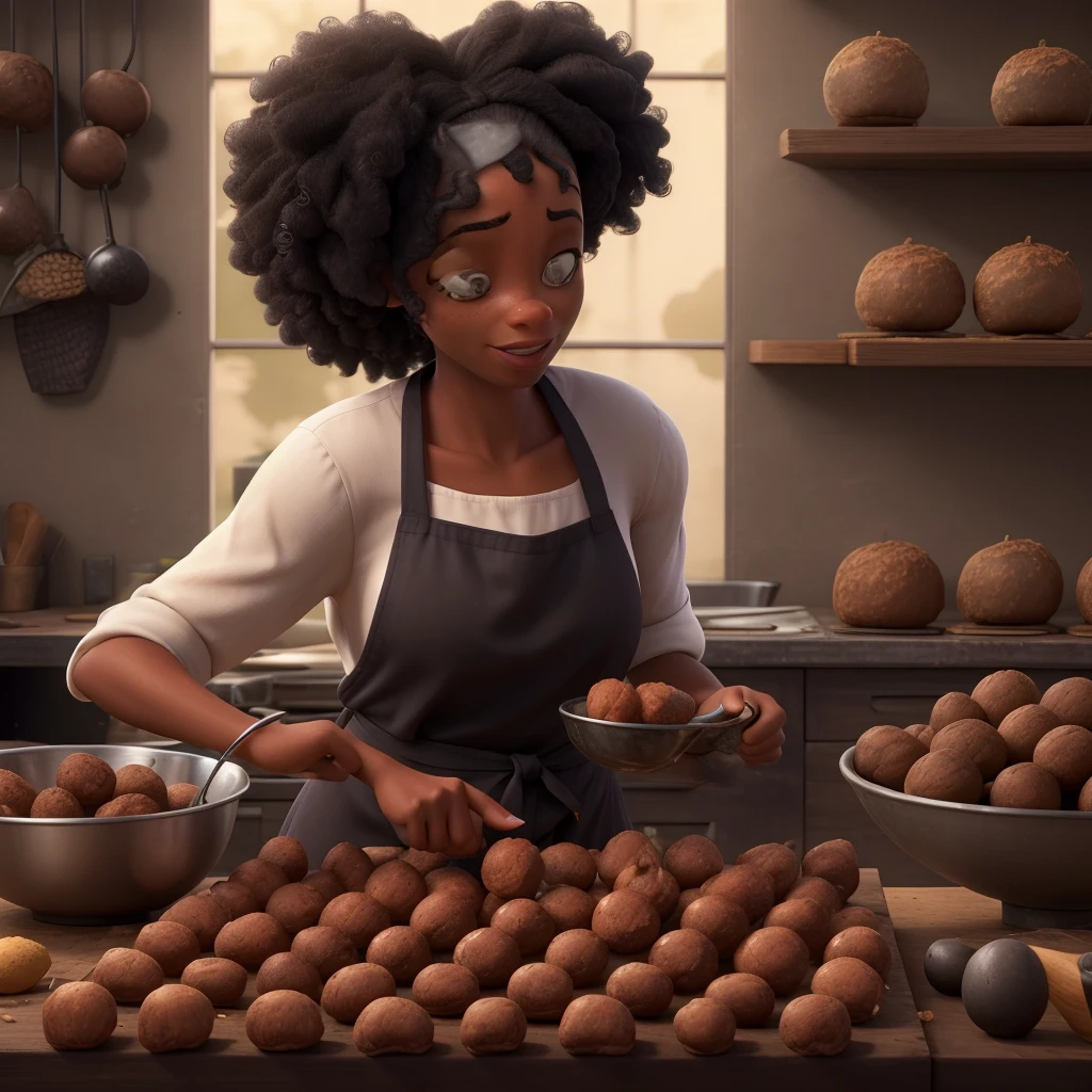 a black woman, in chef's clothes, preparing several large homemade brigadeiro truffles