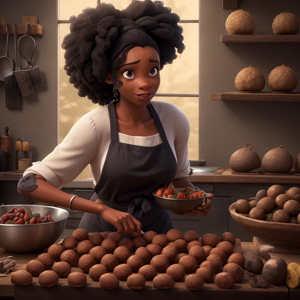 a black woman, in chef's clothes, preparing several large homemade brigadeiro truffles