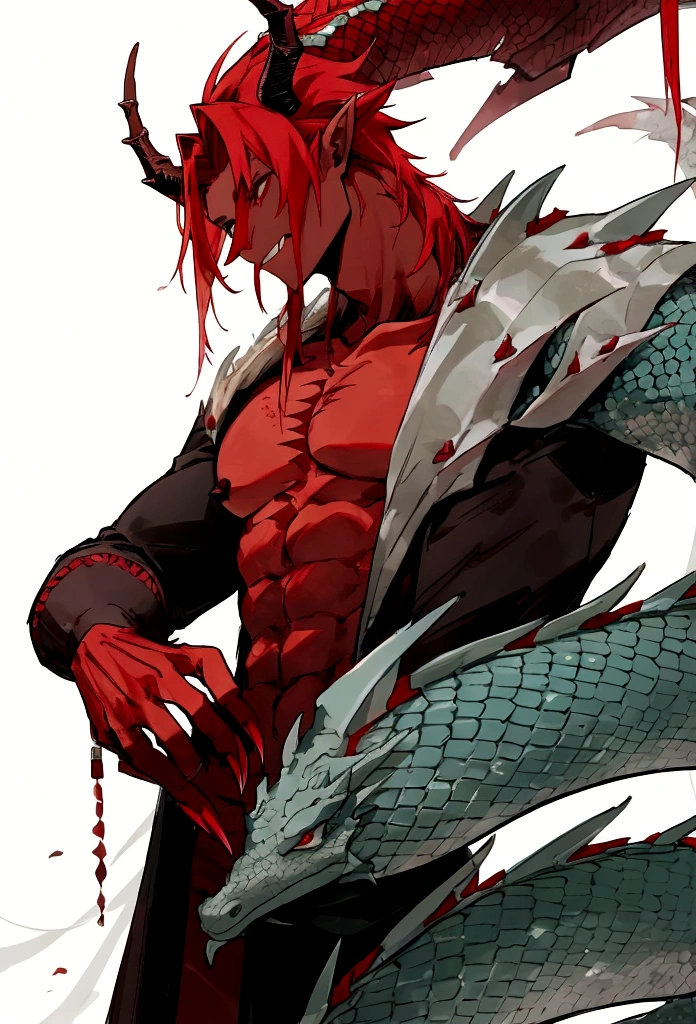 full-length, male dragon, long dragon tail, dragon horns, red skin-scales in the chest area, claws, human face, long tongue, scraps of black mantle on the body
