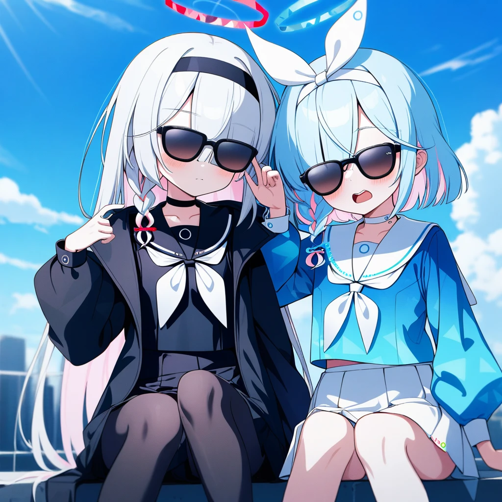 2girls sunglasses, blue archive, arona \(blue archive\), plana \(blue archive\), adjusting_eyewear, black choker, black coat, black eyes, black hairband, black pantyhose, black sailor collar, black serafuku, black shirt, black skirt, blue eyes, blue hair, blue halo, blue pupils, blue shirt, blue sky, blush, bow hairband, braid, breasts, buttoned cuffs, buttons, choker, closed mouth, cloud, coat, colored inner hair, day, film grain, hair over one eye, hair ribbon, hairband, halo, light blue hair, long hair, long sleeves, looking at viewer, miniskirt, multicolored hair, multiple girls, neckerchief, open mouth, outdoors, pantyhose, pink hair, pleated skirt, puffy long sleeves, puffy sleeves, red halo, red pupils, ribbon, sailor collar, sailor shirt, serafuku, shirt, short hair, side braid, single braid, sitting, skirt, sky, small breasts, sunglasses, teeth, thighs, two-tone hair, upper teeth only, white choker, white hair, white hairband, white neckerchief, white ribbon, white sailor collar, white skirt