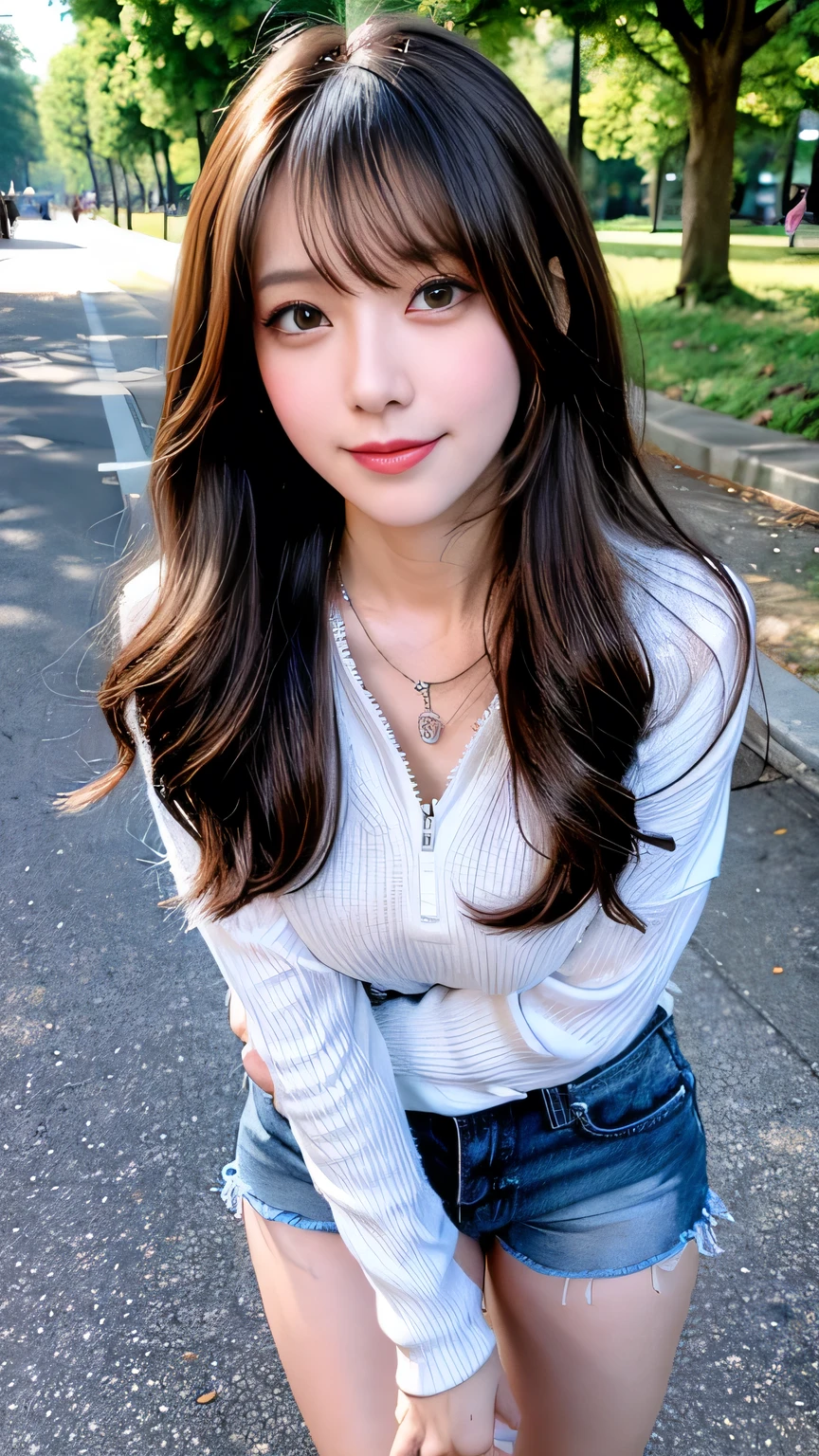 seed:4195271995,((Full Body Angle:1.1)),((Highest quality, 8K, masterpiece: 1.3)), concentrated: 1.2,Front hair:1.3, Cute girl 1,Nipples erect、 Perfect beauty: 1.4,Colorful ribbed knit half-zip T-shirt、Shorts,: 1.2,Randall Color、comics&Text Graphics、Black,1.1, Highly detailed face and skin textures, Fine grain, double eyelid, whitening skin, ,Highest quality,Ultra-high resolution,you,1 girl,alone,_Shiny_skin,Iris,necklace,((brown_length_Wavy_hair)),(lips)),eyelash,Front hair,deal with,compensate,Shiny,pore,skin big breasts、(smiling face)、Front hair、Walking in the park、walk