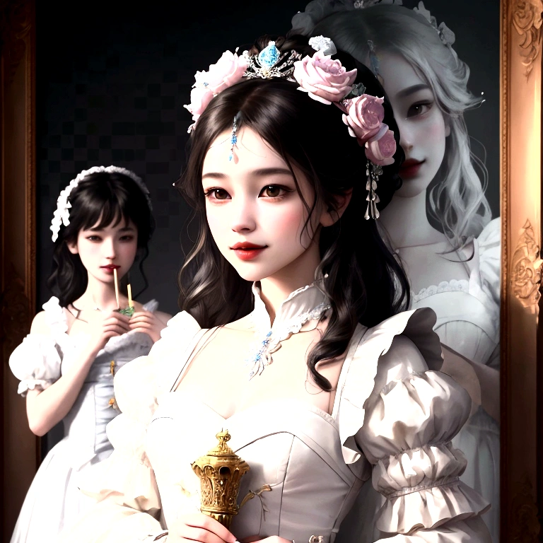 A mesmerizing 3D render of a digital painting by Nicola Samori, showcasing a whimsical trio of anthropomorphic characters. The first character, exuding warmth and endearment, is dressed in simple attire. The second figure, overflowing with playful mischief, holds a small object. The third, a graceful, sophisticated , wears high heels, large round eyes, and a captivating smile, adding to the enchanting scene. The trio stands gracefully on a vibrant, colorful checkered chessboard, creating order amidst their animated expressions. The background masterfully merges various artistic styles, evoking a textured and dreamy atmosphere. The intricate pen and ink outlines, combined with delicate dry watercolor effects, add depth and spellbinding beauty to this extraordinary photoreal masterpiece., 3d render