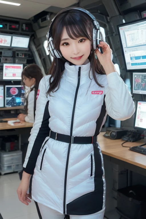 masterpiece, Highest quality, Very detailed, 8K Portrait,Japanese Android Girl,plump , Control panel,Robotic arms and legs, Blunt bangs,,break (Metallic Gray, Metallic luster, Mirror finish, Astro Best):5,headphone:5,break (Black sleeves):100,Smart Watches,Futuristic space station,Control Room,break headphone,blue eyes,(Black Hair):2,(Long Hair):1.3,Displaying the viewer,(respirator),break blush:3,Hidden Hand,smile
