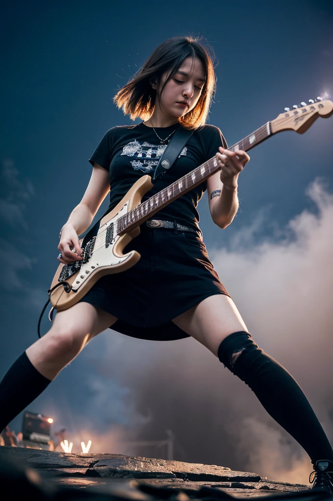 ((dynamic rock guitarist pose, rock concert,)), floating hair, ((guitarist rock girl)), darkness, at dark stage, night, laser, ground fireworks, dryice fog, masterpiece, (best quality:1.2), [:intricate details:0.2],
