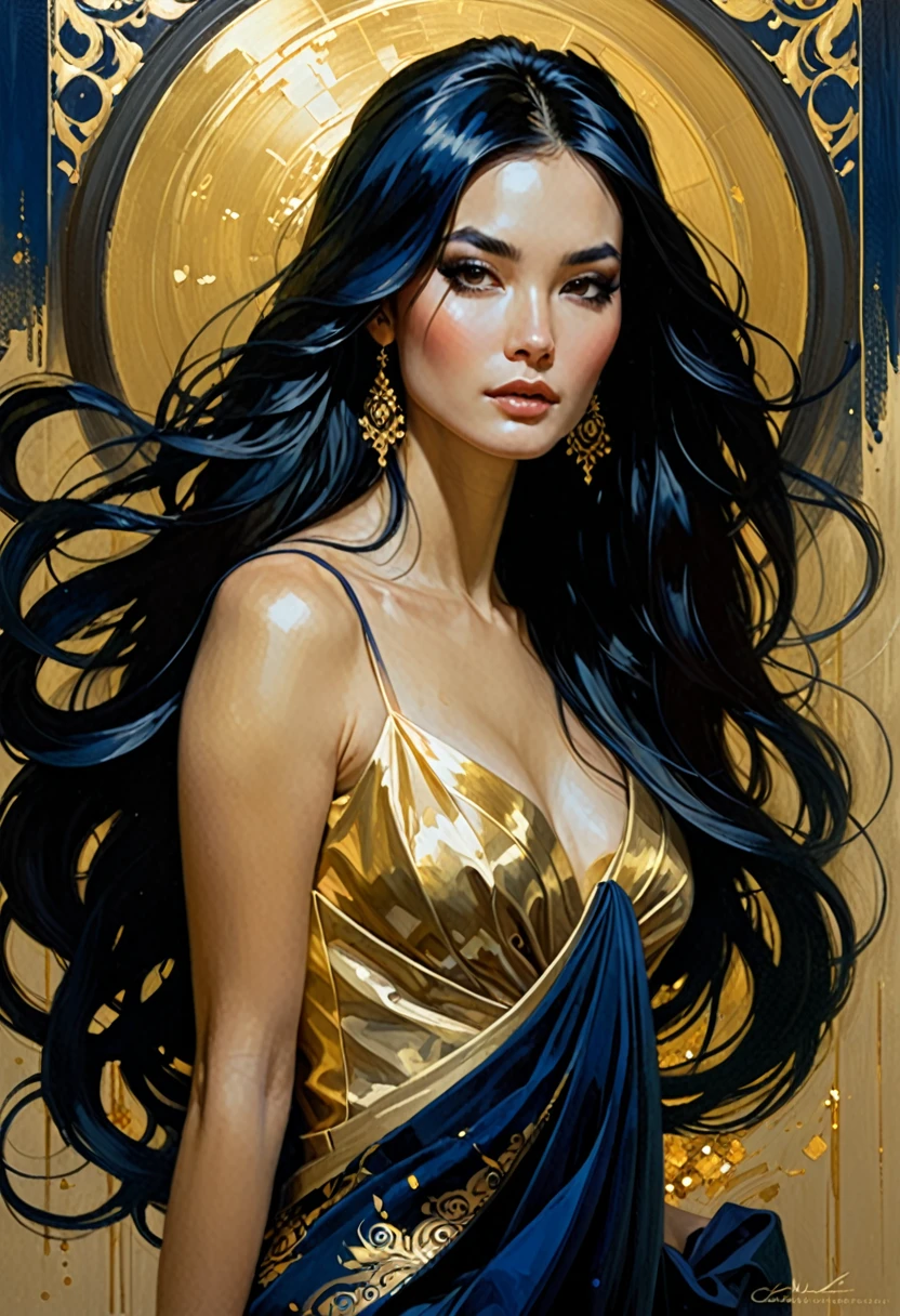 a woman with long black hair in a gold painting, in the style of charlie bowater, dark blue and dark black, michael garmash, comic art, realistic color palette, dark black and beige, soft-focused realism