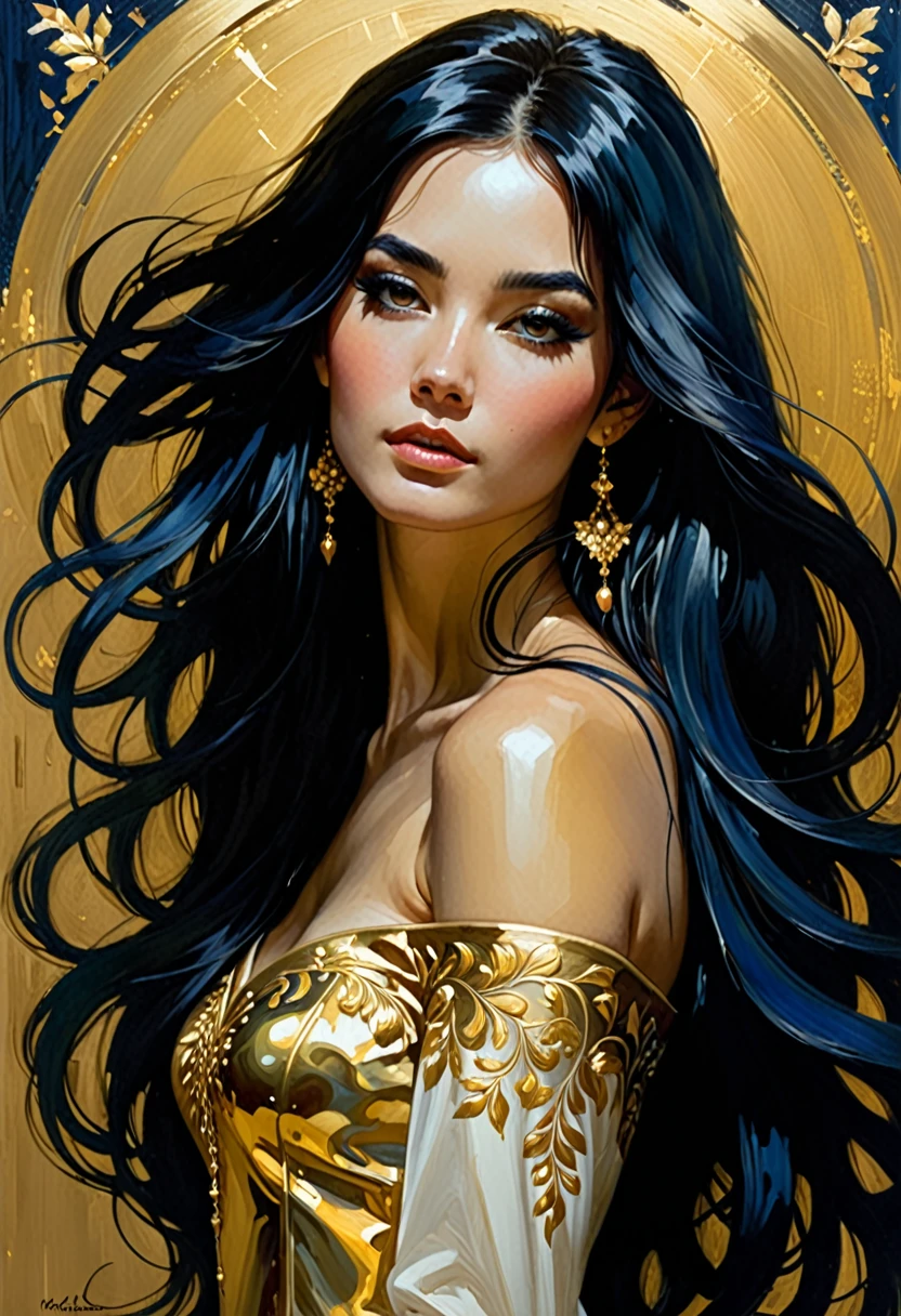 a woman with long black hair in a gold painting, in the style of charlie bowater, dark blue and dark black, michael garmash, comic art, realistic color palette, dark black and beige, soft-focused realism
