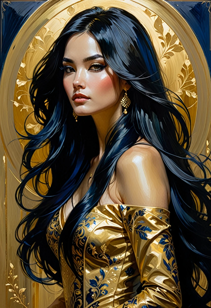 a woman with long black hair in a gold painting, in the style of charlie bowater, dark blue and dark black, michael garmash, comic art, realistic color palette, dark black and beige, soft-focused realism