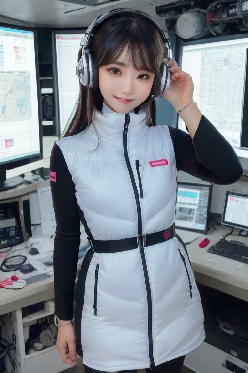 masterpiece, Highest quality, Very detailed, 8K Portrait,Japanese Android Girl,plump , Control panel,Robotic arms and legs, Blunt bangs,,break (Metallic Gray, Metallic luster, Mirror finish, Astro Best):5,headphone:5,break (Black sleeves):100,Smart Watches,Futuristic space station,Control Room,break headphone,blue eyes,(Black Hair):2,(Long Hair):1.3,Displaying the viewer,(respirator),break blush:3,Hidden Hand,smile