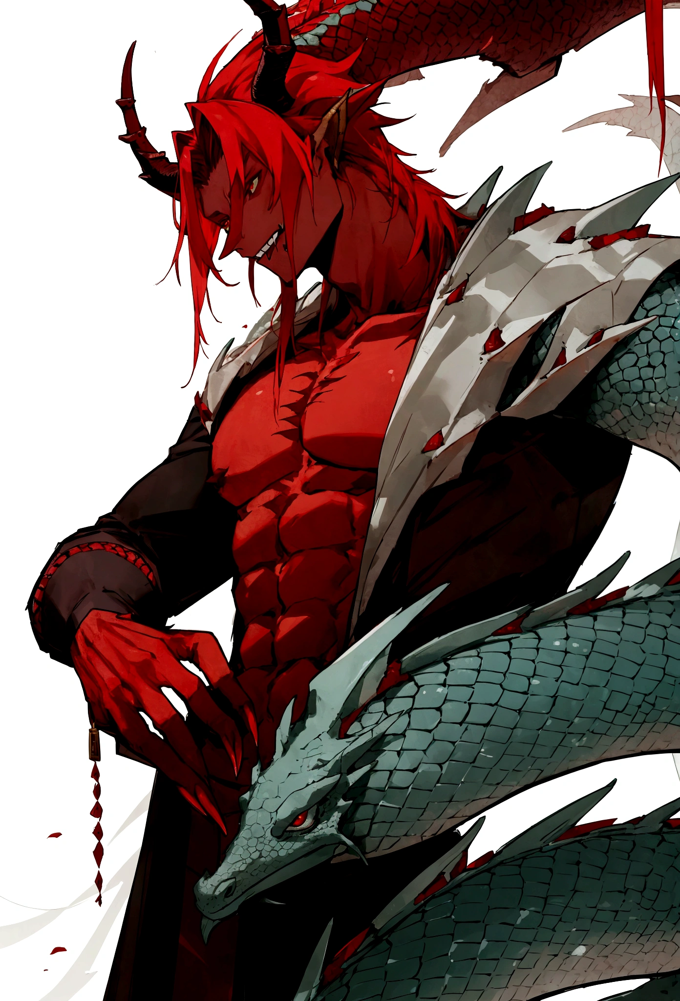 full-length, male dragon, long dragon tail, dragon horns, red skin-scales in the chest area, claws, human face, long tongue, scraps of black mantle on the body