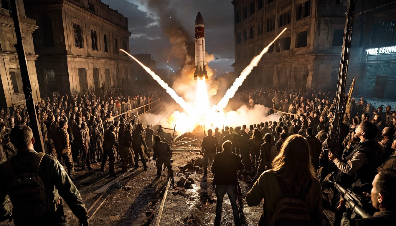 A rocket launch in a world overrun by zombies, with dark, eerie lighting and decayed surroundings. The crowd consists of zombies, and the rocket has a rugged, worn appearance.