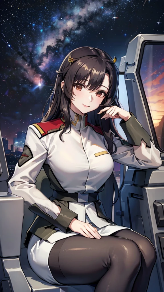 masterpiece, best quality, High resolution, Calm 1, 1 girl, alone, (Black_pantyhose:1.1), army uniform, army, cosmetics, White shirt,  White Skirt, tight skirt, sitting, Upper Body, cockpit, space, Smile