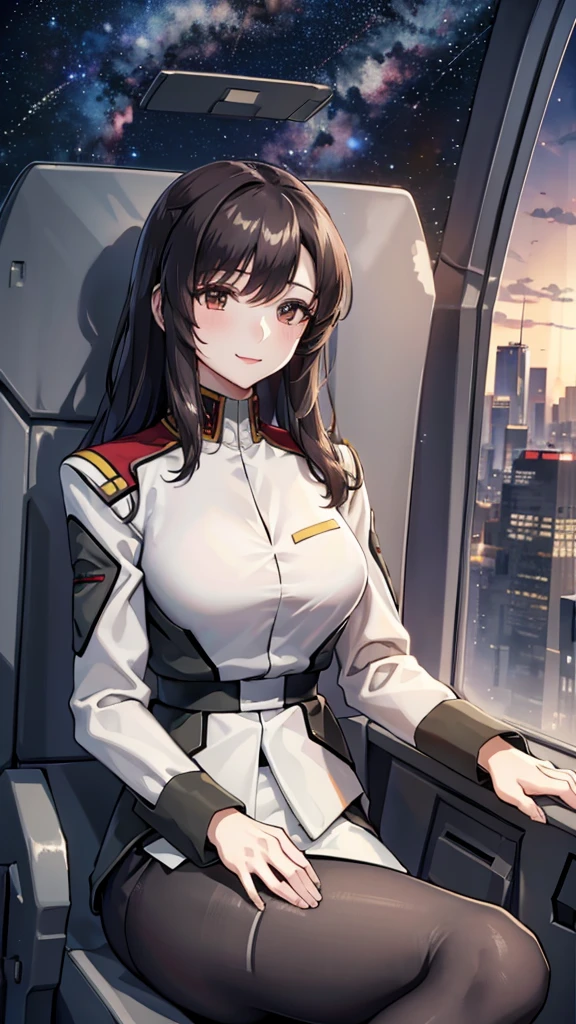 masterpiece, best quality, High resolution, Calm 1, 1 girl, alone, (Black_pantyhose:1.1), army uniform, army, cosmetics, White shirt, White Skirt, tight skirt, sitting, Upper Body, cockpit, space, Smile