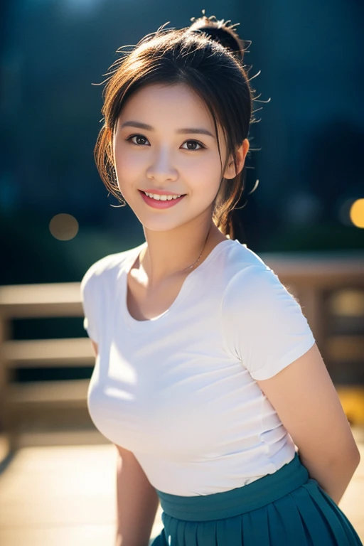 (a beautiful lady,  22, tight white T-shirt and cyan pleated mini-skirt, posing in night sky, alluring lips, dimpled smile, friendly expression, cute snaggle-tooth, short-ponytail hairstyle, beautiful detailed face, beautiful detailed eyes, ample round bosom, photorealistic, hyper-realism, high contrast, ultra HD, realistic skin textures, top image quality, top-quality, super high resolution, fine details, very meticulously, masterpiece, head to knees, the Cowboy shot, romantic atmosphere, bokeh background)