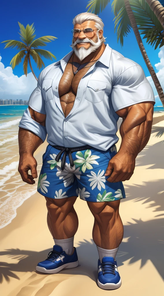 huge muscular old man in street city, big smile, old man, thick arm, huge arm, bearded. white hair and beard, bearded, (muscular, pectoral, wide pectoral, thick arms), beach, palm, realistic, 8k, masterpiece, (wearing shorts and white Hawaiian shirt, shoes)