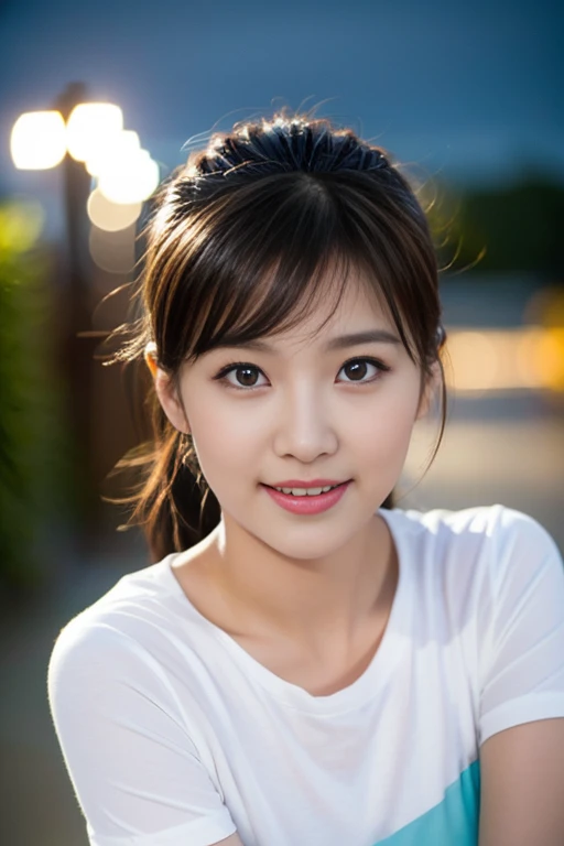 (a beautiful lady, age 22, tight white T-shirt and cyan pleated mini-skirt, posing in night sky, alluring lips, dimpled smile, friendly expression, cute snaggle-tooth, short-ponytail hairstyle, beautiful detailed face, beautiful detailed eyes, ample round bosom, photorealistic, hyper-realism, high contrast, ultra HD, realistic skin textures, top image quality, top-quality, super high resolution, fine details, very meticulously, masterpiece, head to knees, the Cowboy shot, romantic atmosphere, bokeh background)