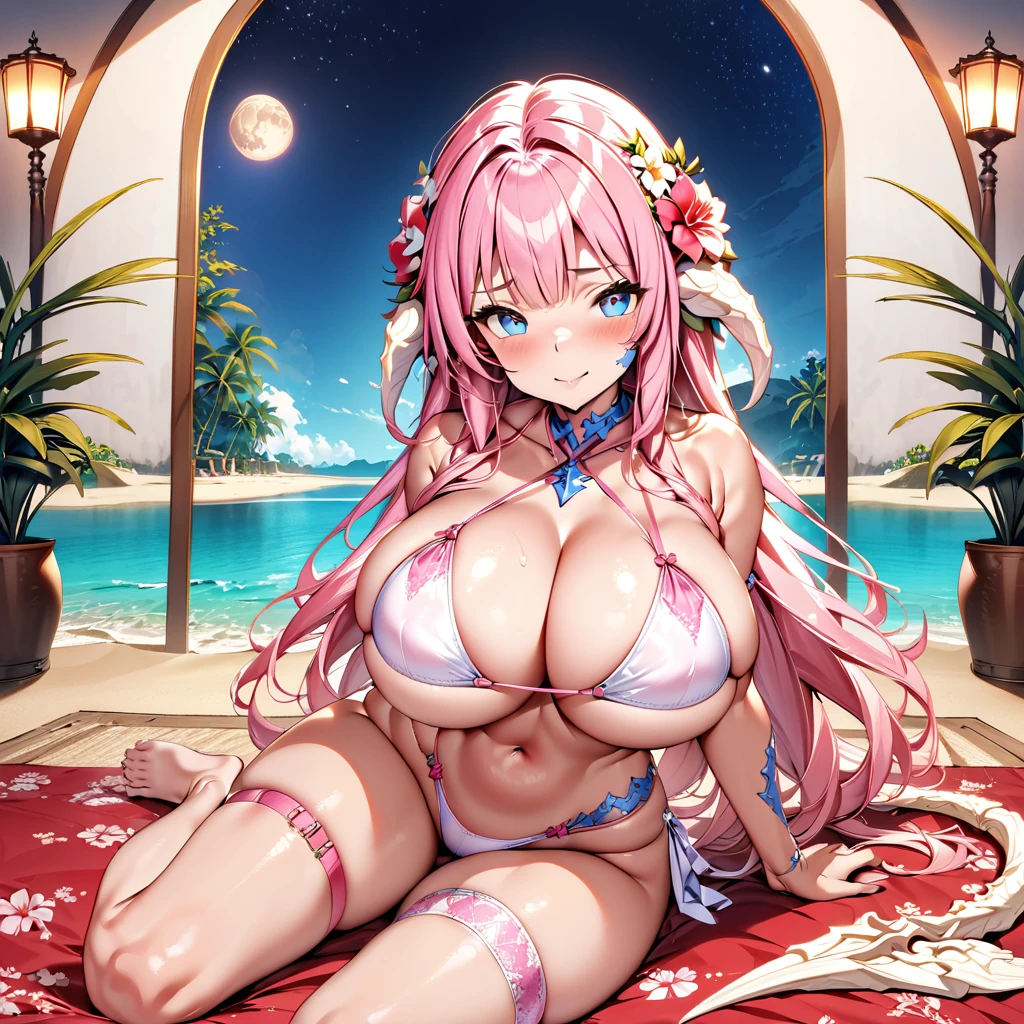 (masterpiece), best quality, expressive eyes, perfect face,1girl,warrior of light \(ff14\),bare shoulders,au ra,[white scales,white dragon tail,white horns],hair flower,bangles,(pink criss-cross halter string bikini),floral thigh strap,blue eyes,naughty smile,blush,sitting,looking at viewer,yokozuwari,big breasts,long straight hair,[[tropical beach,night,full moon,starry sky]],cowboy shot,sexy pose,seductive smile,bimbo