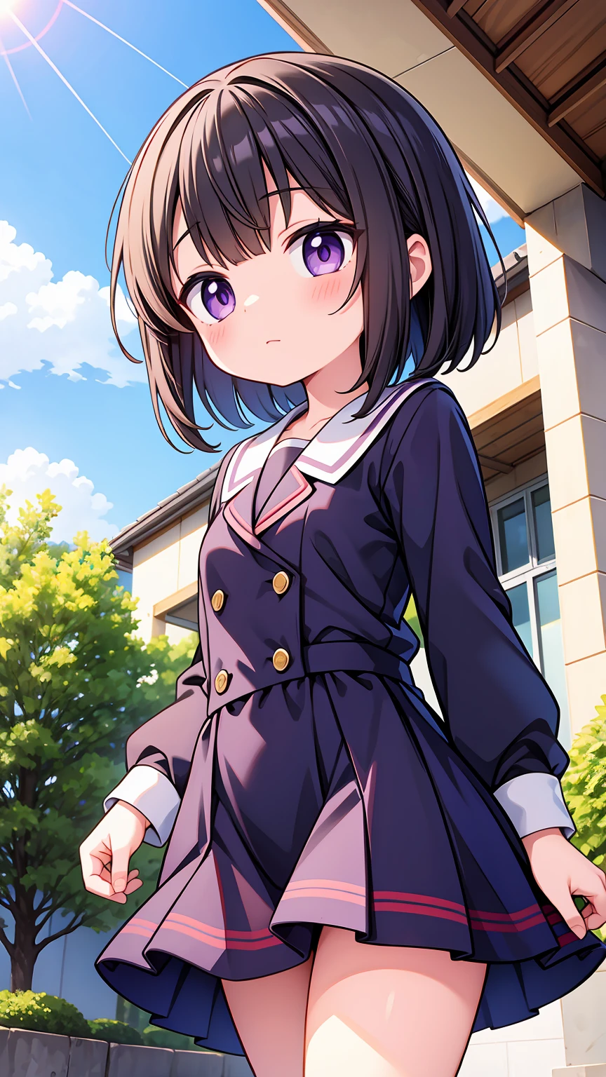 (High quality), (masterpiece), (very detailed), girl, (very small bust), short brown hair, purple eyes, shy face, (primary school loli), showing her thighs, on the school yard, sunny, camera angle from below, adorable eyes, (primar school uniform)