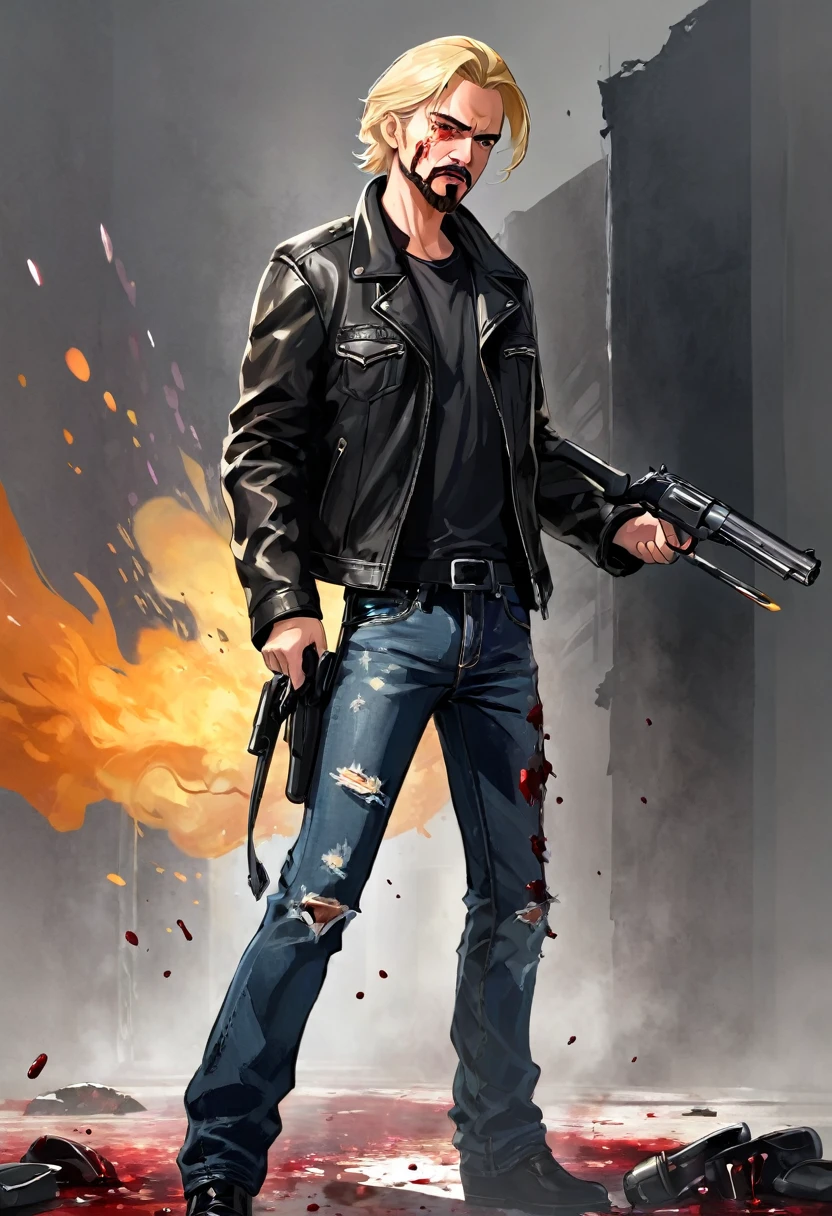 Create concept art for a film featuring a blond man with a goatee,with black leather jacket and jeans,and torn,he is bleeding,and holding a gun!