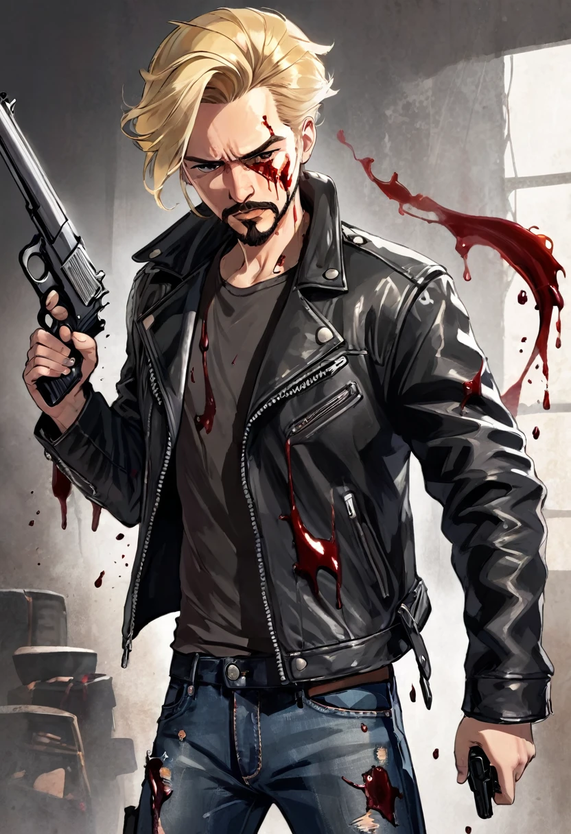 Create concept art for a film featuring a blond man with a goatee,with black leather jacket and jeans,and torn,he is bleeding,and holding a gun!