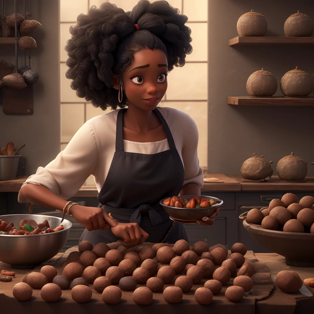 a beautiful black woman, in chef's clothes, preparing several large homemade chocolates to sell