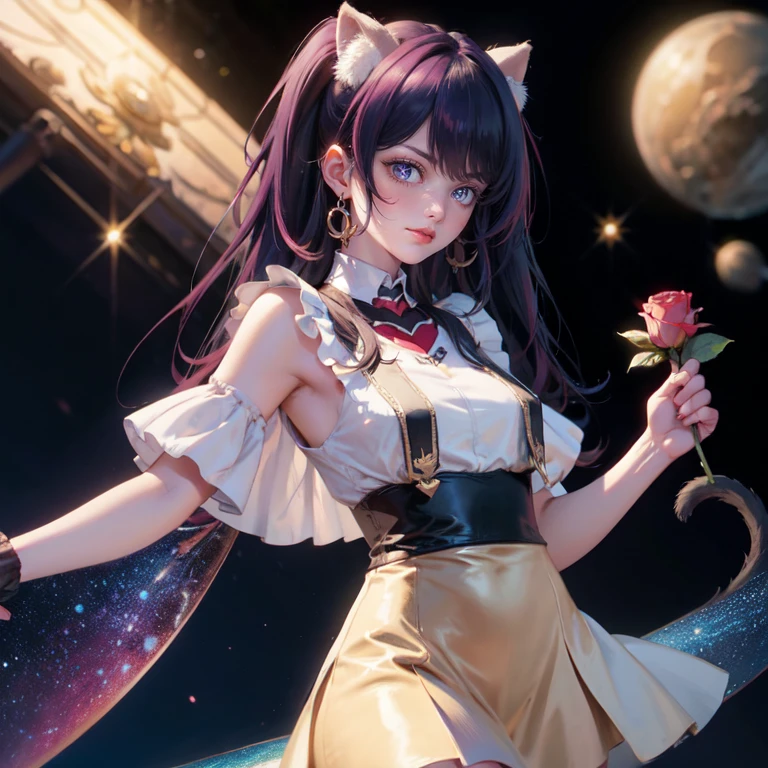 1girl, Ai Hoshino_(Oshi no Ko), centered girl, perfectly body, perfectly hands, solo, jewelry, magenta roses, rabbit jewel on her hair, ornament hair, twintails, rabbit jewel on her hair, purple hair, long hair, solo, white maid dress, jewelry, purple hair, flowing hair, long hair, maid dress with a short skirt and layers, white laces, white boots, white dress with transparency, gold details on her clothes, cat ears, animal ears,  more details, perfectly body, perfectly hands, two hands, two legs, two arms, five fingers, glowing hair, best quality, cat ears, animal ears, white gloves, cat tail, alone, maid headdress, choker, detached sleeves, maid dress, maid white dress, strapless, masterpeice, best quality, detailed face, night, asymmetrical gloves, bangs, white short skirt , earrings, elbow gloves, fishnet thighhighs, fishmasterpeice, solo, best quality, detailed face, hair between eyes, jewelry, looking at viewer, single earring, sky, sleeveless, solo, thigh boots, thighhighs, tongue, tongue out, uneven gloves, cat ears, animal ears, cat tail, solo, alone, Looking at the viewer, magenta roses on her hair, space scenery, maid, maid dress, magenta details, maid headdress, maid apron, purple hair, long hair, seat on the Saturn rings, more details on her clothes, gold details on her clothes, space, smiling, standing her hand to a viewer, looking at the viewer, in the background a several asteroids glowing with fiery auras, Dramatic lighting from distant stars and planets illuminates the scene, looking at the vast and mysterious universe, cowboy shot, upper body portrait, more details, sparkle