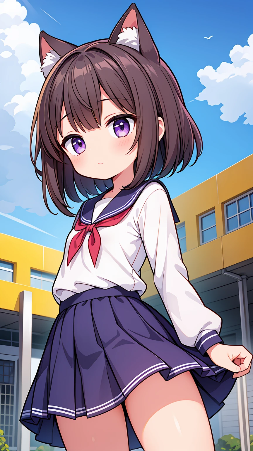 (High quality), (masterpiece), (very detailed), girl, (very small bust), short brown hair, purple eyes, shy face, (primary school loli), showing her thighs, on the school yard, sunny, camera angle from below, adorable eyes, (primar school uniform)