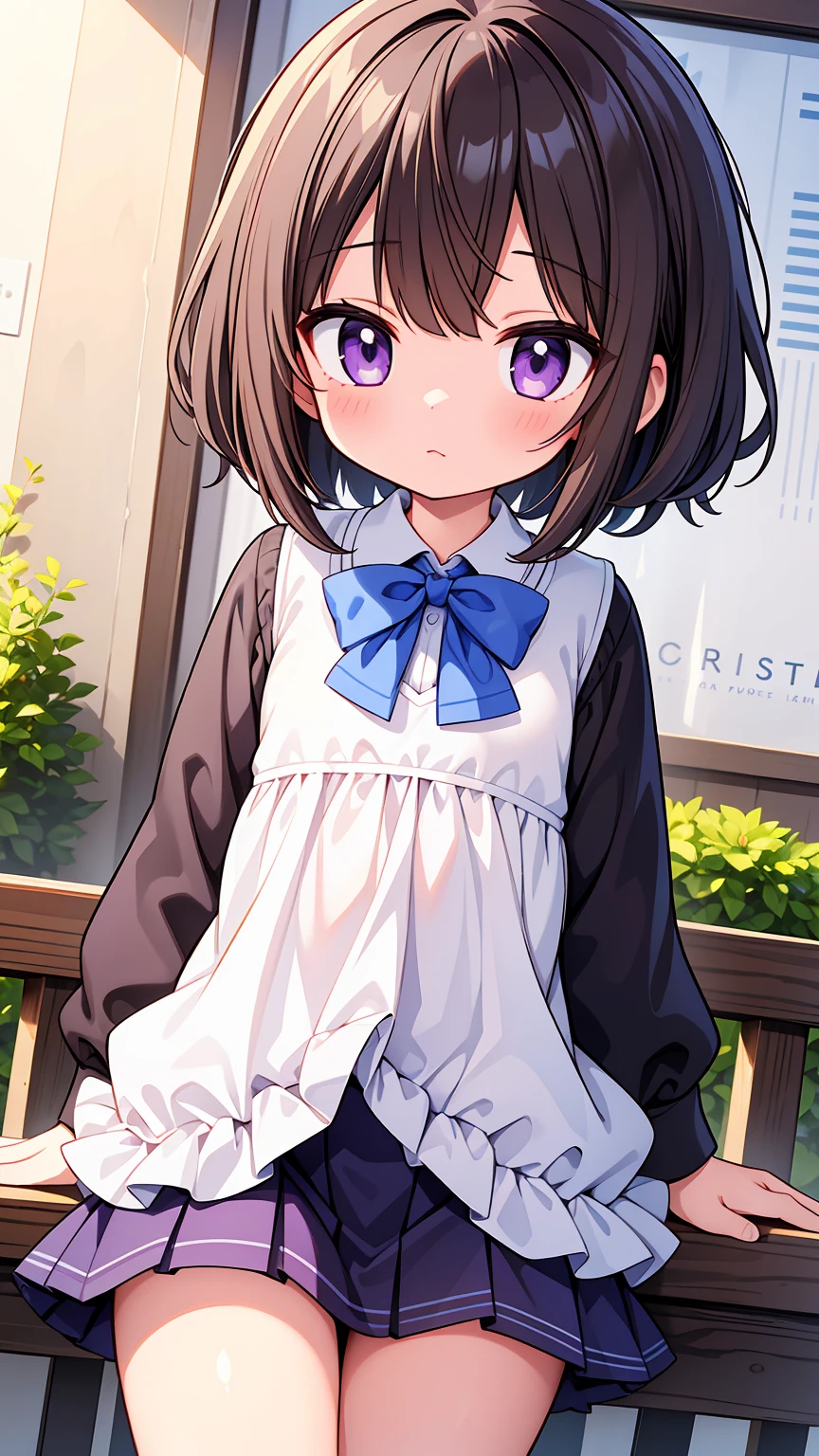 (High quality), (masterpiece), (very detailed), girl, (very small bust), short brown hair, purple eyes, shy face, (primary school loli), showing her thighs, on the school yard, sunny, camera angle from below, adorable eyes, (primar school uniform)