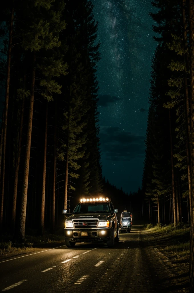 A YOUNG MAN BETWEEN THE AGE OF 30-45 DRIVING A TRUCK IN THE NIGHT WITH A FOREST SURROUNDING HEADING HOME