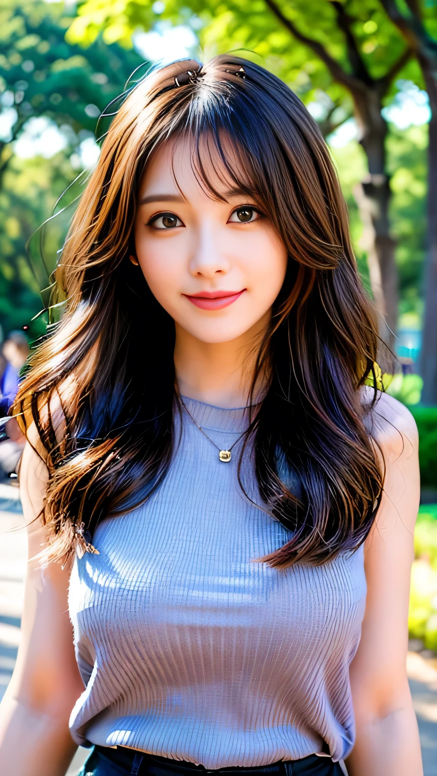 seed:4195271995,((Full Body Angle:1.1)),((Highest quality, 8K, masterpiece: 1.3)), concentrated: 1.2,Front hair:1.3, Cute girl 1,Nipples erect、 Perfect beauty: 1.4,Colorful ribbed knit half-zip T-shirt、Shorts,: 1.2,Randall Color、comics&Text Graphics、Black,1.1, Highly detailed face and skin textures, Fine grain, double eyelid, whitening skin, ,Highest quality,Ultra-high resolution,you,1 girl,alone,_Shiny_skin,Iris,necklace,((brown_length_Wavy_hair)),(lips)),eyelash,Front hair,deal with,compensate,Shiny,pore,skin big breasts、(smiling face)、Front hair、Walking in the park、walk