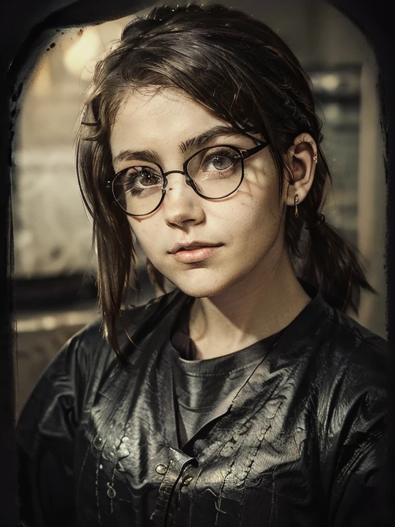 photo portrait of a young chubby Russian girl 22 years old, corneal reflections, Detailed leather texture, lump on the skin, fuzz on the skin, beautiful tired face, An indifferent expression on his face, spiky hair, very tousled semi-long brown tousled hair (rebellious late 80s hairstyle, shaved temples), amber eyes, ((glasses with lenses in black frames)), looking into the camera with the interest of a predator, Squint, a little crazy sparkle in the eyes, leather apron, muscular arms, Graceful fingers, almost imperceptible one-sided grin, in a hospital room(Morgue), a dark room, depth of field, backlight, free pose