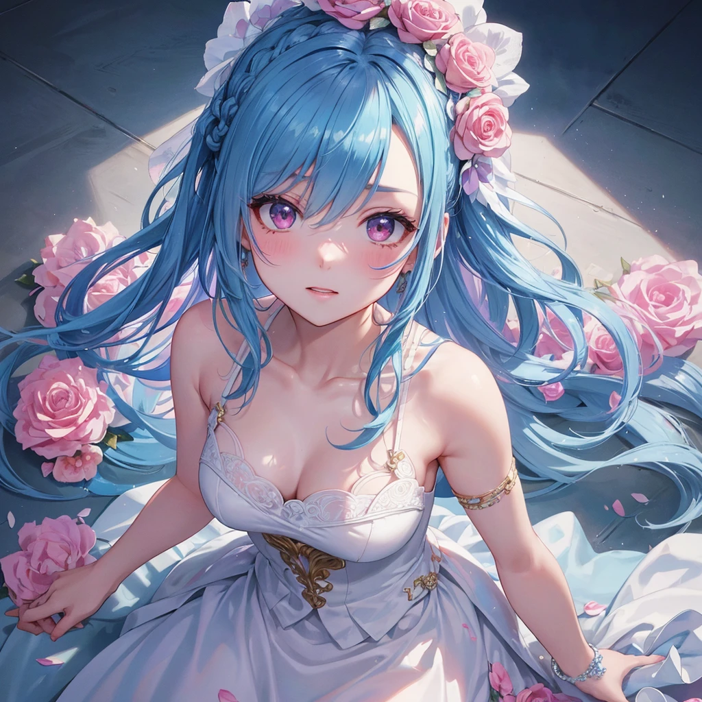 Sky blue hair, (Braided Ponytail),(Pink Eyes),Fair skin ,(whole body),(1 Girl),bride,blush,Straight bangs, 6月のbride,Wedding dress,(masterpiece, Highest quality, Very detailed, Best Shadow), (Detailed Background), (Beautifully detailed face), High Contrast, (Best lighting, Very delicate and beautiful), ((Cinematic Light)), colorful, Hyper Detail, Dramatic Light, Intricate details,Wedding hall,Rose flower。