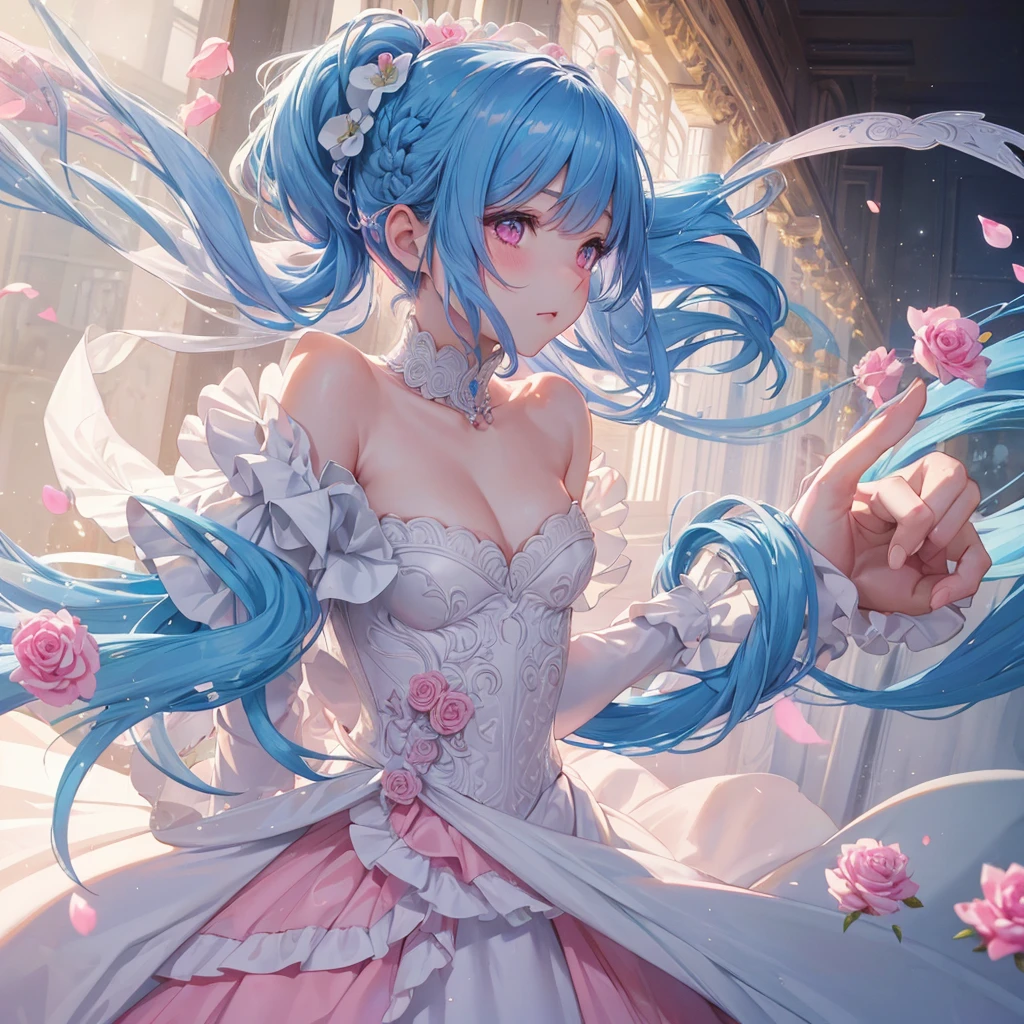 Sky blue hair, (Braided Ponytail),(Pink Eyes),Fair skin ,(whole body),(1 Girl),bride,blush,Straight bangs, 6月のbride,Wedding dress,(masterpiece, Highest quality, Very detailed, Best Shadow), (Detailed Background), (Beautifully detailed face), High Contrast, (Best lighting, Very delicate and beautiful), ((Cinematic Light)), colorful, Hyper Detail, Dramatic Light, Intricate details,Wedding hall,Rose flower。
