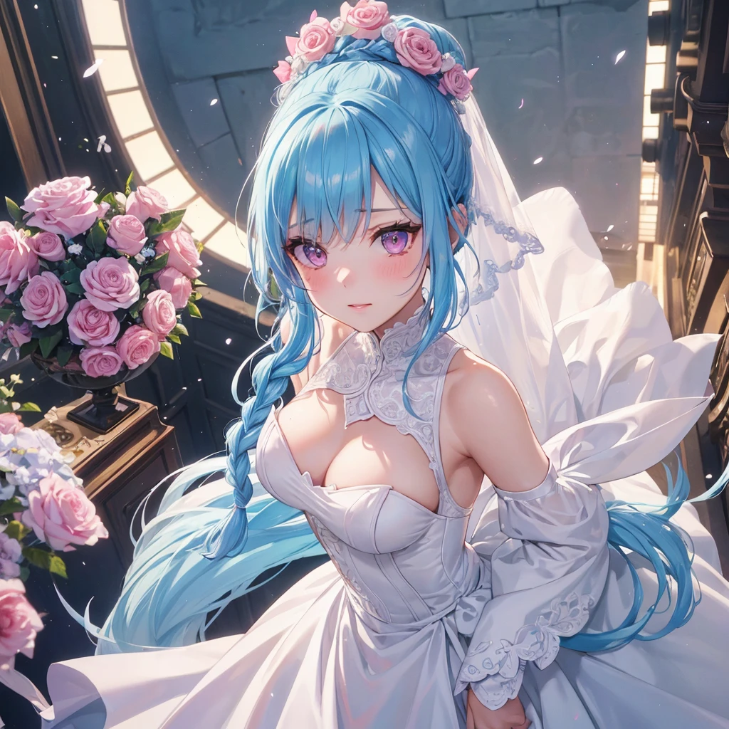 Sky blue hair, (Braided Ponytail),(Pink Eyes),Fair skin ,(whole body),(1 Girl),bride,blush,Straight bangs, 6月のbride,Wedding dress,(masterpiece, Highest quality, Very detailed, Best Shadow), (Detailed Background), (Beautifully detailed face), High Contrast, (Best lighting, Very delicate and beautiful), ((Cinematic Light)), colorful, Hyper Detail, Dramatic Light, Intricate details,Wedding hall,Rose flower。