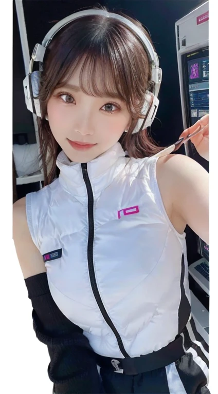 An innocent 20-year-old girl、((White tank top, Dramatic Pose)),smile,break (Spacecraft control room background):2,、break RAW Photos, (8K、Highest quality、masterpiece:1.2)、(Intricate details:1.4)、(Realistic:1.4)、Octane Rendering、Complex 3D rendering with ultra-detail, Studio Soft Light, Rim Light, Crisp details, Super detailed, Realistic skin texture, detailed aspects, Beautiful details in the eyes, Highly detailed CG Unity 16k wallpaper, Compensate, (Detailed Background:1.2), Glowing Skin, whole body、(Astro Best):2,(Black long sleeve):5,headphone,Smart Watches,((Stand with your hands folded behind your back、Leaning forward、Top view))