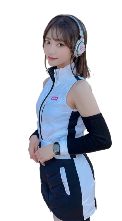 An innocent 20-year-old girl、((White tank top, Dramatic Pose)),smile,break (Spacecraft control room background):2,、break RAW Photos, (8K、Highest quality、masterpiece:1.2)、(Intricate details:1.4)、(Realistic:1.4)、Octane Rendering、Complex 3D rendering with ultra-detail, Studio Soft Light, Rim Light, Crisp details, Super detailed, Realistic skin texture, detailed aspects, Beautiful details in the eyes, Highly detailed CG Unity 16k wallpaper, Compensate, (Detailed Background:1.2), Glowing Skin, whole body、(Astro Best):2,(Black long sleeve):5,headphone,Smart Watches,((Stand with your hands folded behind your back、Leaning forward、Top view))
