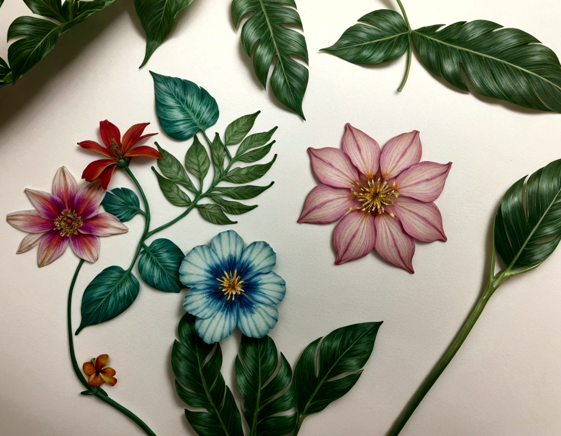 "Create a print with a mix of wildflowers and tropical plants, with vivid colors and delicate details