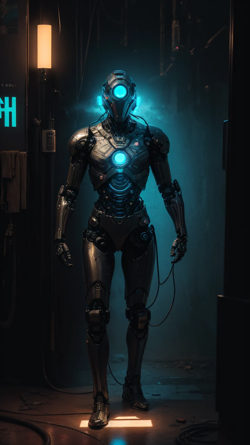 A robot, dynamic pose de accion:1.4, metal body, neon lights on your body, cables, robotic mechanisms, dynamic pose, (Best Quality,4k,8k,high resolution,Masterpiece:1.2),ultra detailed,(realist,photorealist,fotorrealista:1.37),cinematic lighting,Highly detailed mechanical parts,dynamic action pose,elegant metallic texture,bright neon reflections,intricate robotic features,advanced technology,futuristic cyberpunk,vibrant color palette